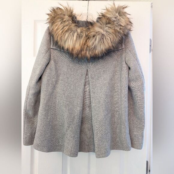 ZARA A-line Wool Duffle Coat jacket Gray detachable faux Fur Hood pockets size S - Picture 8 of 16